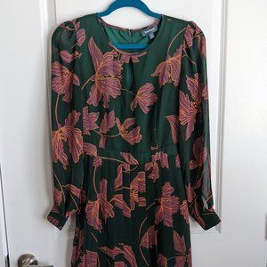 Modcloth Dress Floral Keyhole Long Sleeve A line Pleated Green Pink